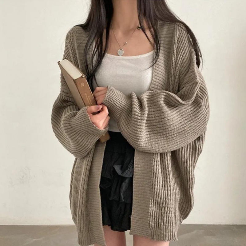 外贸元宝针织中长款毛衣女秋冬纯色宽松版休闲慵懒风百搭针织开衫|undefined