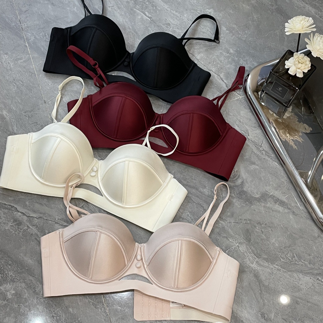 2898 Taza de masaje de pecho pequeño de satén nacarado de alta gama francesa, ropa interior súper fruncida, sujetador anti-flacidez superior para mujer