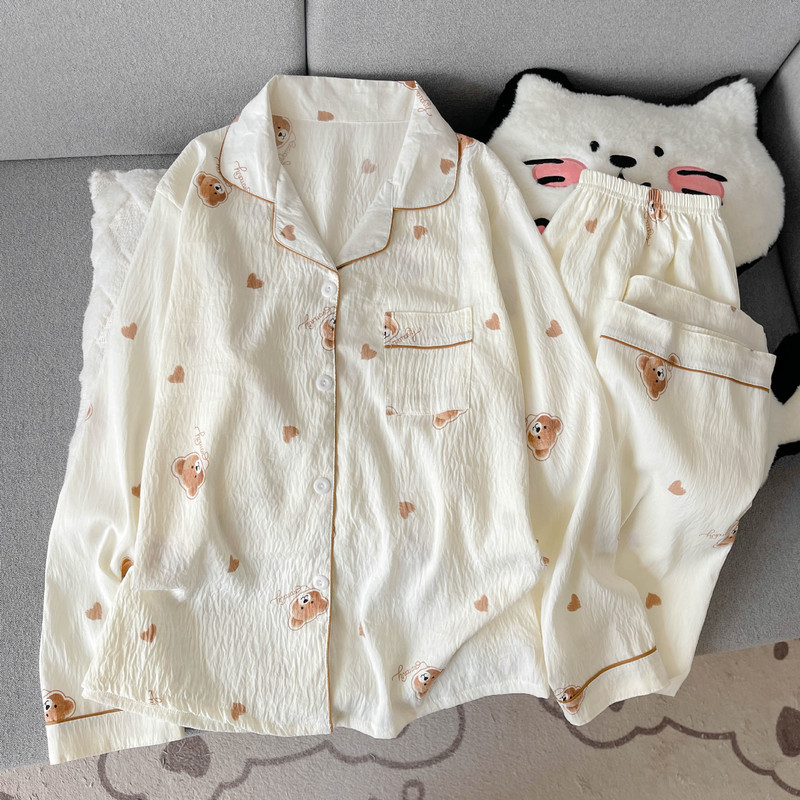 工厂直销云朵棉新款睡衣女长袖长裤开衫翻领卡通大码家居服套装|undefined