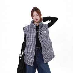 立领格子棉服马甲外套女秋冬季2025新款叠穿休闲宽松马夹刺绣背心