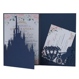 European Wedding Baptism Dark Blue Castle Invitation Engagement Blessing Wedding Car Invitation Carriage Party Greeting Card Direct Sale