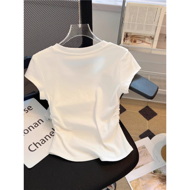 夏トップス半袖デザインおしゃれTシャツショートスリム万能レディーススリムVネック白シャツA4257|undefined