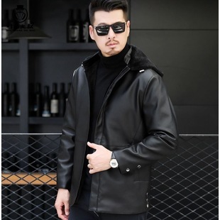 2024 fleece-lined Thickened Detachable Hooded Leather Classic Men's Winter Casual Coat Windproof and Warm for Autumn and Winter