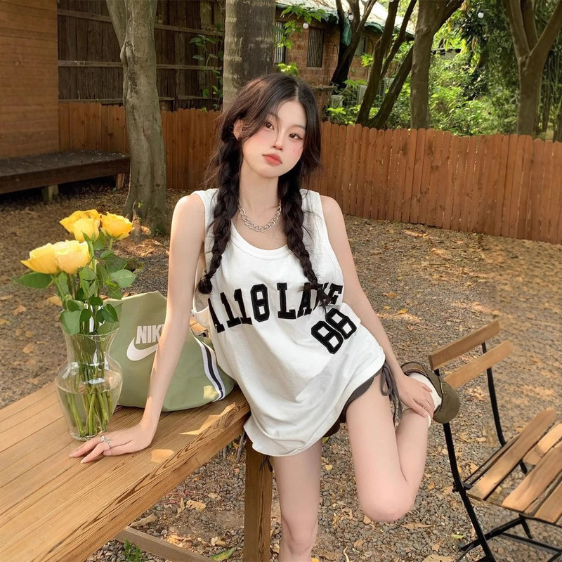 Korean Mid-Length Camisole Women's Summer Outer Wear Inner Loose bf Basketball Suit Sleeveless Top Casual T-Shirt Skirt