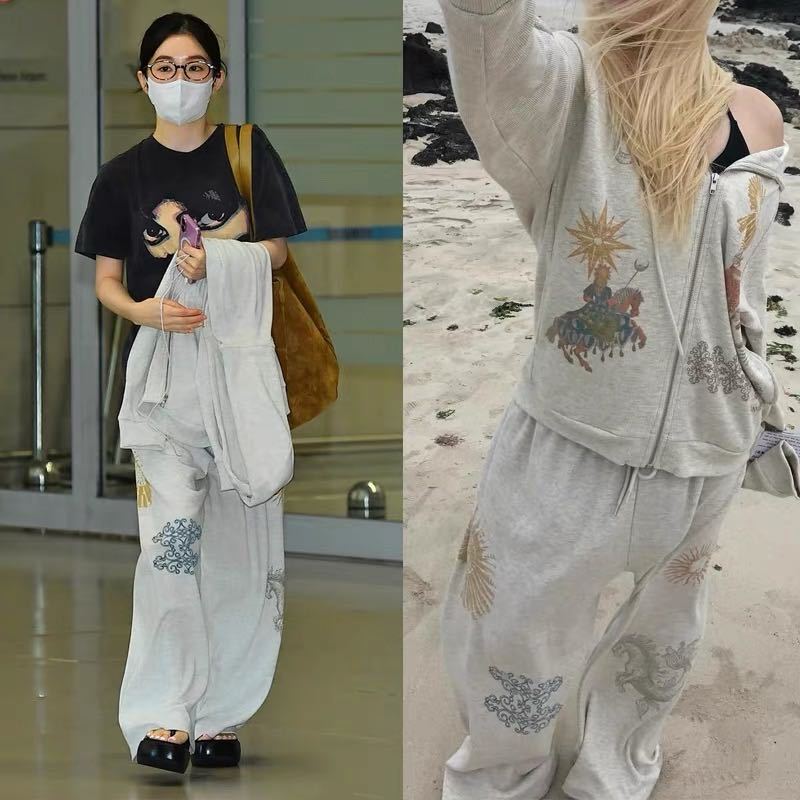 In Stock ~ Pei Zhuhuan Korean Niche Trendy Brand Printed Waffle Casual Sweatshirt Jacket and Sweatpants Suit