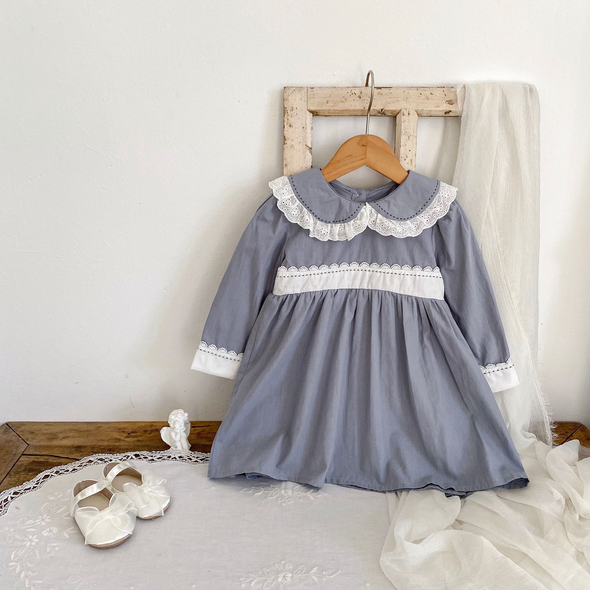 INS 2024 Herbst Baumwolle Klasse A Schwestern Mädchen Baby Spitze Puppe Hals Langarm Furz Gewickelt Romper + Rock_voghion.com