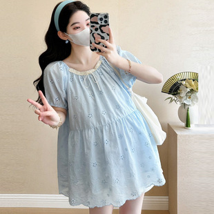 Pregnant Women's Short-sleeved Shirt Summer 2025 New Maternity Clothes Loose plus size Cotton Embroidered Doll Shirt Half-sleeved Top