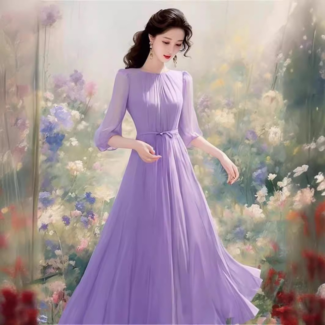 Váy liền voan tím phong cách Hepburn Pháp dáng dài thắt eo — Màu tím