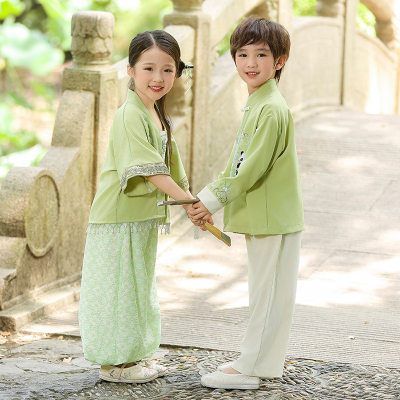 清仓男女童汉服春秋景区表演服熊猫刺绣中国风古风中秋节古装国学