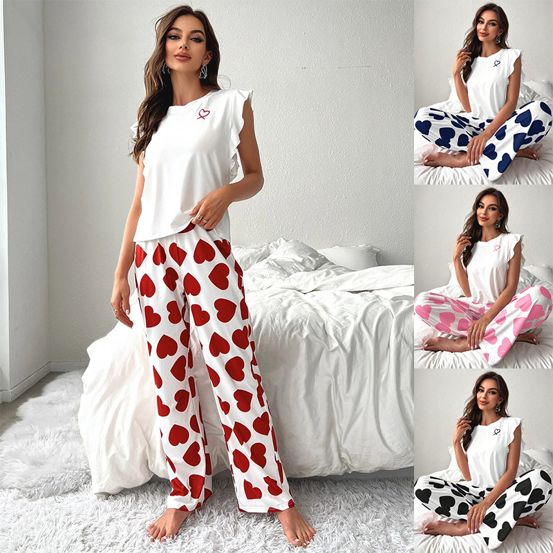 Russia's Popular European and American Lotus Leaf Sleeve Pants, Heart Casual and Comfortable Women's Pajamas That Can Be Worn Outside Home Clothes Set