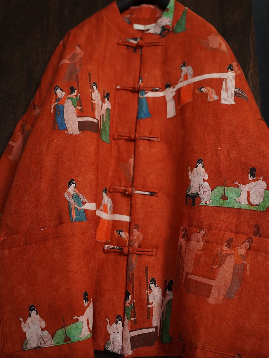 2025年冬モデル 橙色の侍女風リネンプリント綿入れジャケット 中華風立襟レトロボタン綿入れコート 333001