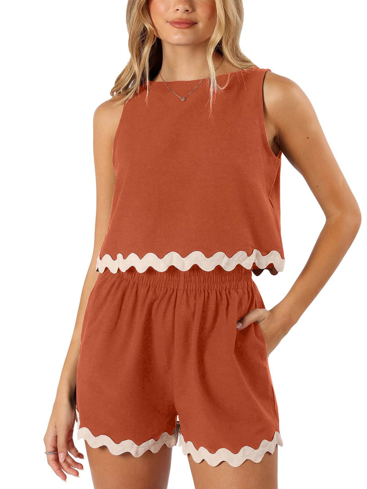 227g Weight Sleeveless Sleeve Length Linen, Lace Fabric Type Shorts Pants Type Shorts Co-ord Set Sets Type 2 Pieces Set Quantity Daily Occasion Round Neck Neckline Loose Fit Type Color Block, Waves Pattern Summer Season Women's Gender Casual Style Lace Craft Daily Women's Casual Color Block Waves Linen Lace Shorts Co-ord Set Shorts Shorts Sets 5