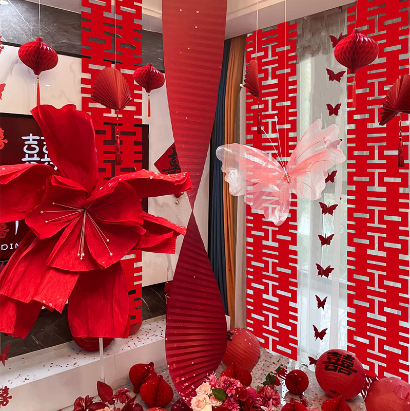 結婚式の部屋のレイアウト蝶クレープ紙の花女性の結婚式の新しい中国風のドレッシングガウン写真の背景の壁の装飾|undefined