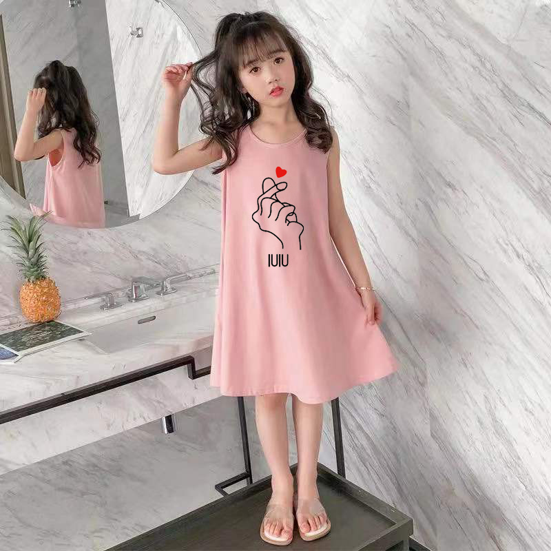 新款夏季女儿童睡裙纯色棉圆领无袖卡通印花公主风亲子家居服