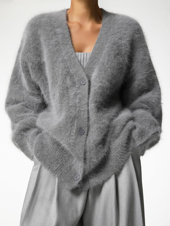 Áo cardigan len dệt kim giả lông chồn cổ V tay dài form rộng nữ — Màu hồng, Màu kaki, Màu trắng, Màu xám nhạt chi tiết 29