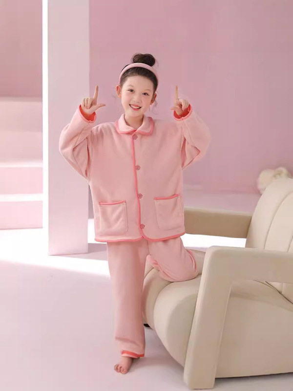 子供用パジャマセット秋冬新作韓国版男の子女の子純色フリース保温厚手ホームウェアセット|undefined