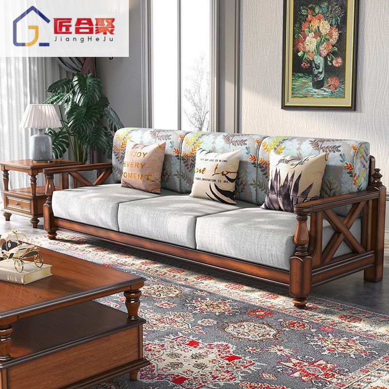 American Country Solid Wood Fabric Sofa Large Living Room Straight Row Log 123 Combination Retro Style Accessible Luxury Sofa