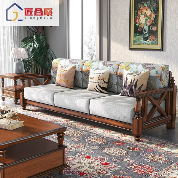American Country Solid Wood Fabric Sofa Large Living Room Straight Row Log 123 Combination Retro Style Accessible Luxury Sofa