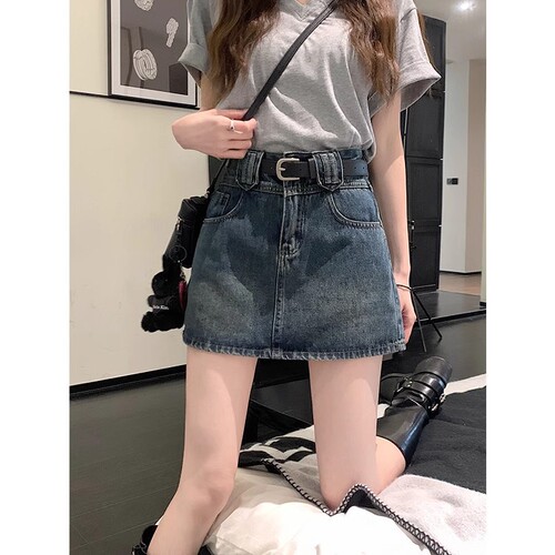 Women's Summer Plus Size Vintage Denim A-Line Short Skirt, High-Waisted Slimming Bustier, No-Show Design Fashion Pants
