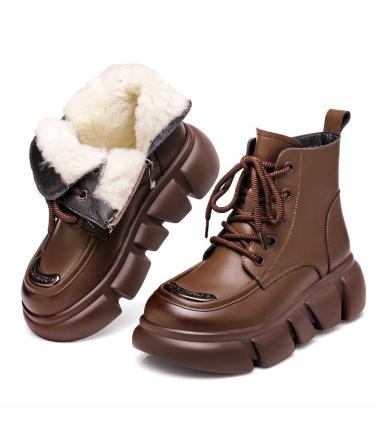 Fur integrated snow boots women's winter leather wool cotton boots thick-soled Martin boots women's short boots thickened warm cotton boots_voghion.com