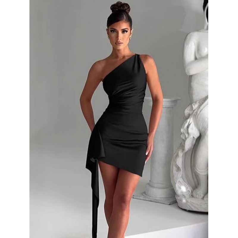2026 European and American cross-border Amazon one-shoulder ruched slit sexy satin dress, European and American summer style, slim fit