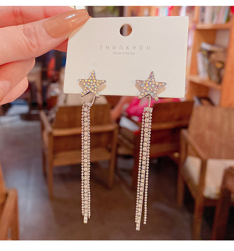 Trendy Star Shape Long Tassel Rhinestone Drop Earrings display picture 7