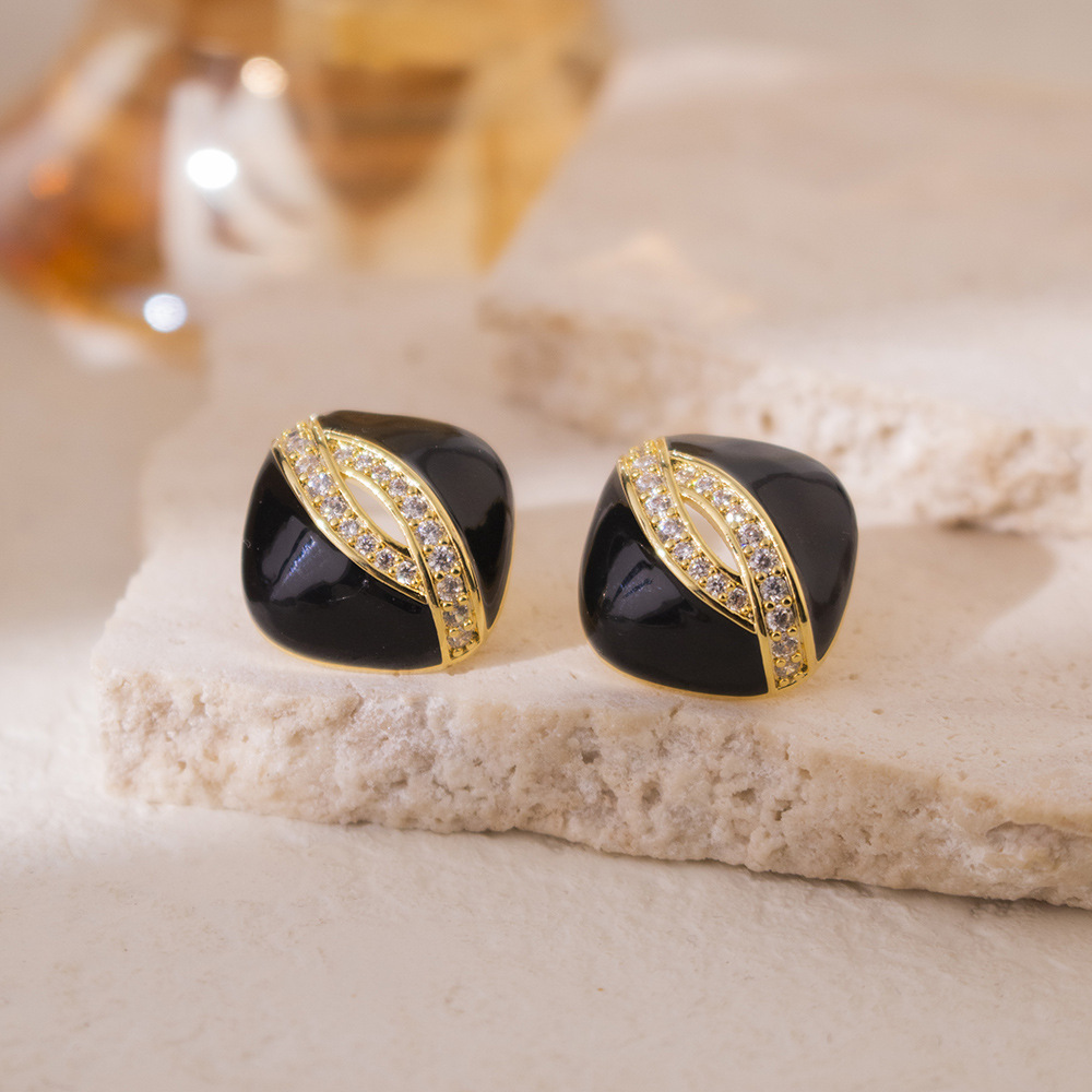 35#Black diamond square earrings (real gold plating)