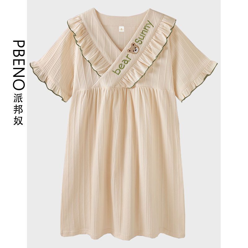 派邦奴日系卡通V领睡衣女夏天棉质短袖可爱宽松睡裙家居服套威东