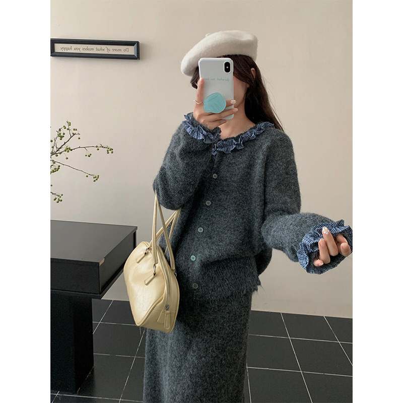 韩系撞色木耳边衬衫拼接毛衣开衫女套装设计感针织半身裙两件套秋|undefined