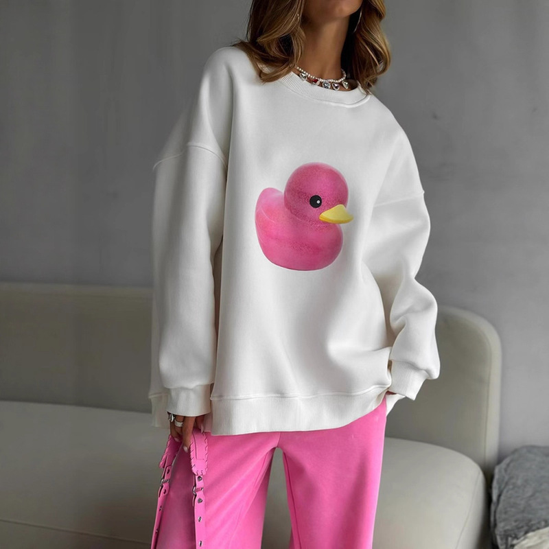 Casual, Simple, Western-Style Cartoon Fun Design Duck Print 2025 Autumn and Winter Thickeneded Round Neck Commuter Sweatshirt