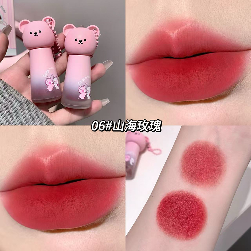 Gegebear Bear Soft Mist Lip Mud Cover Box no es fácil de tocar tazas de terciopelo mate no es fácil de descolorar el conjunto de lápiz labial blanco