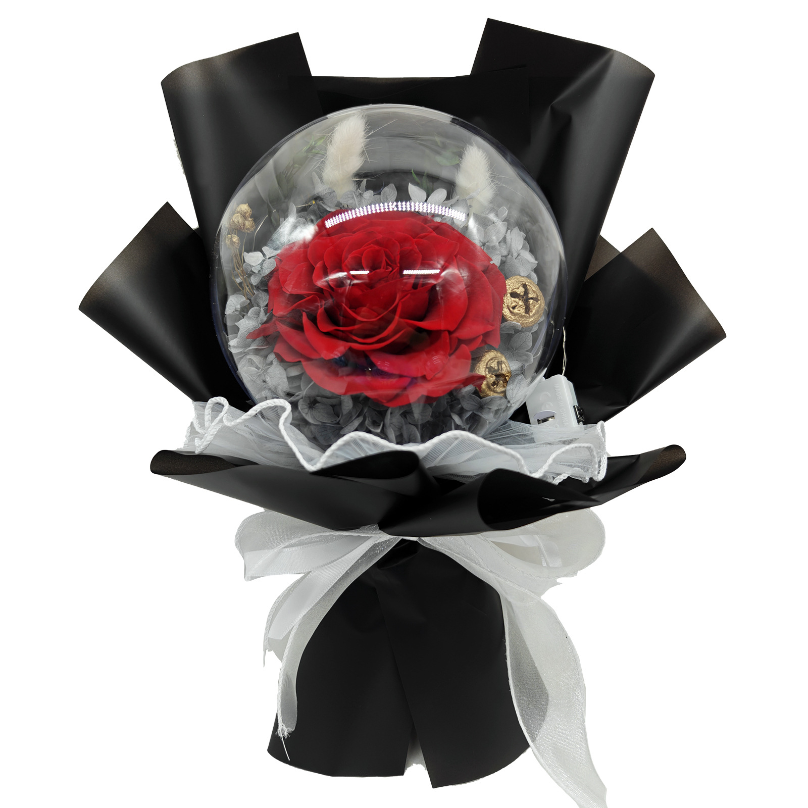 Yunnan Eternal Life Rose Bobo Ball Bouquet Caja de regalo terminada con luz Qixi San Valentín regalo hortensias ramo seco