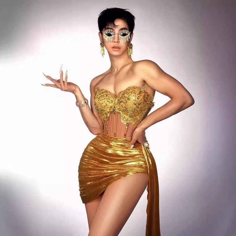 Luxury Gold Sexy Tube Top Mini Dress Birthday Party Nightclub Bar dj Female Singing Performance Suit