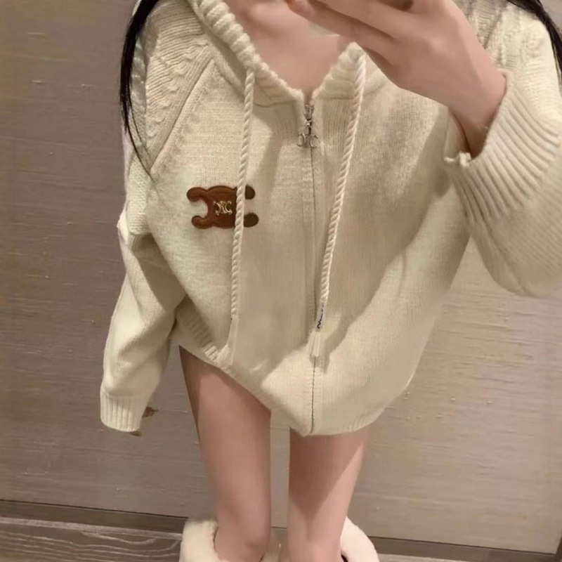 CE原25新款皮标连帽抽绳开衫毛衣软糯针织开衫慵懒风凯旋门|undefined