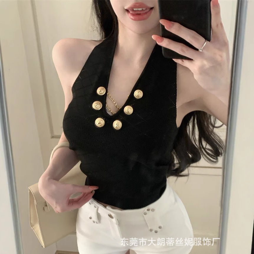 v领针织吊带背心女夏季纯欲辣妹性感挂脖抹胸小上衣泰式独特绝美