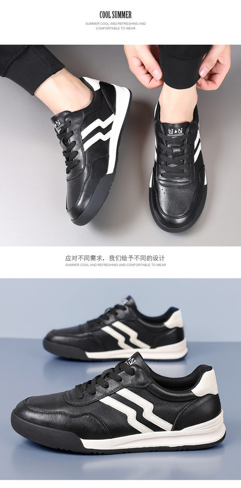 Giày sneaker nam da bò thật phối màu tương phản, cổ thấp, đế bệt — Màu trắng, Màu đen chi tiết 15