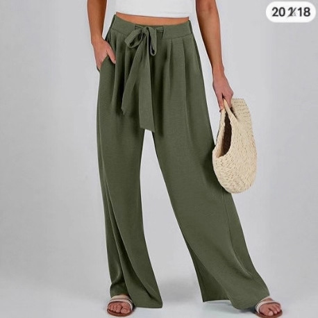 Amazon Cross-Border Cotton and Linen High-Waisted Tie-Up Lounge Loose and Flowy Beach Travel Vacation Wide-Leg Casual Pants