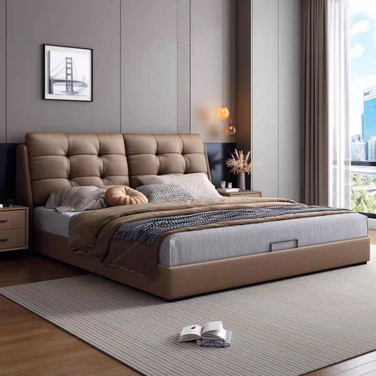 Light Luxury Genuine Leather Bed, Simple and Modern 1.8m Bedroom Upholstered Double Bed, Italian-Style Wedding Bed 1.5m High-End Leather Art Bed