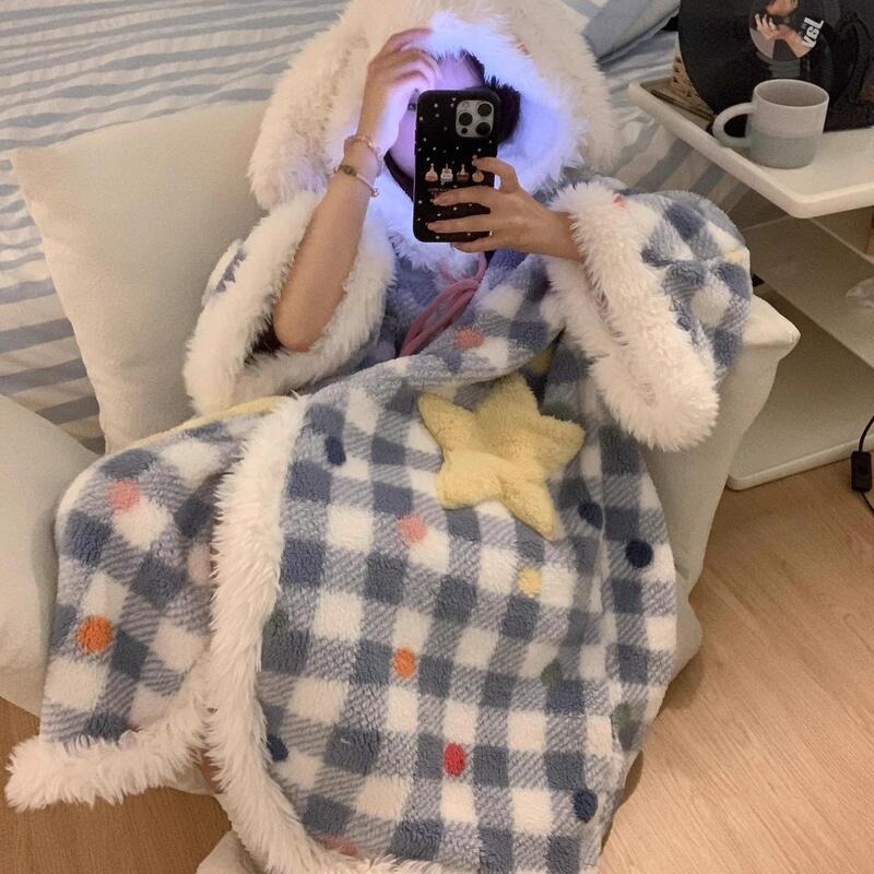 大耳狗睡袍珊瑚绒斗篷睡衣女冬季新款可外穿加厚保暖家居服睡裙潮|undefined