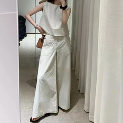 無地ノースリーブベストハイウエストスリムワイドレッグパンツツーピースセット女性のための 2025 夏のファッション新しい韓国スタイルスーツ