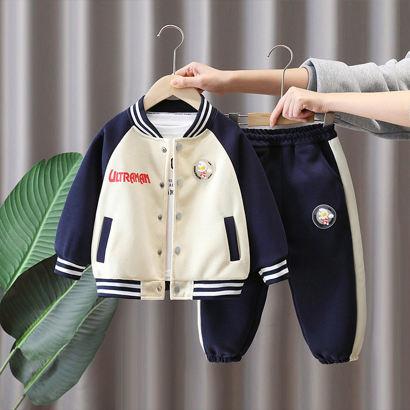 7782 ropa para niños, traje de primavera para niños, traje de béisbol a juego para niños de estilo occidental, traje de dos piezas de marca de moda casual de primavera y otoño