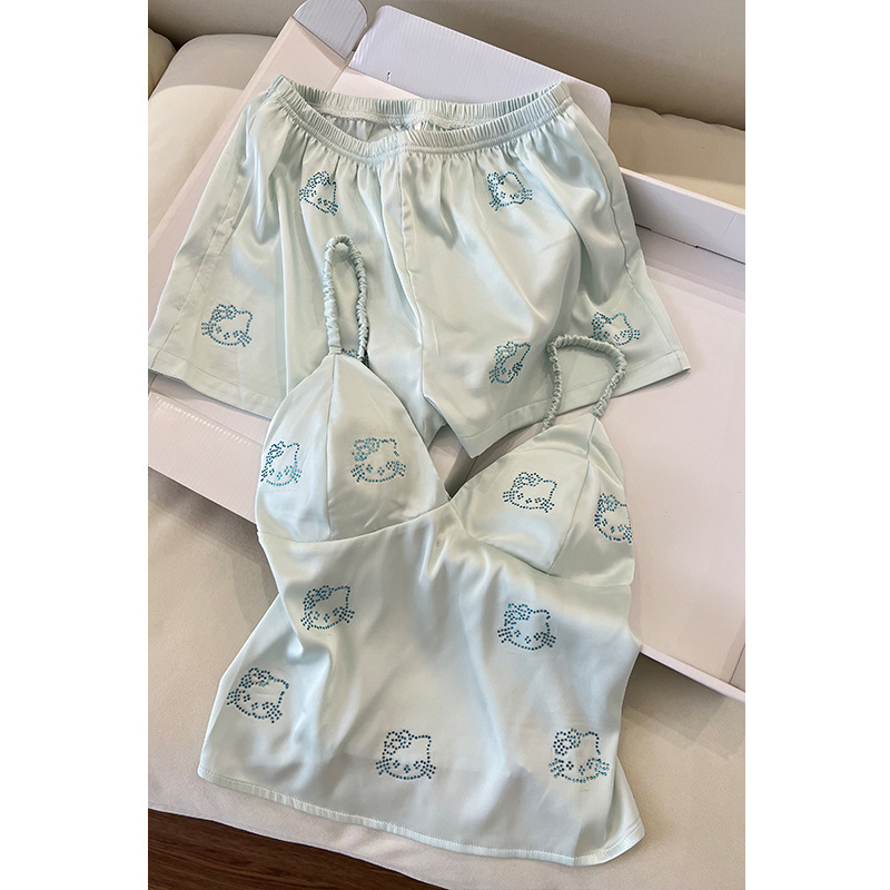 Pure Desire かわいいキティホットダイヤモンドパジャマ胸パッド付き女性の夏クールアイスシルクホーム服 2 点セット|undefined