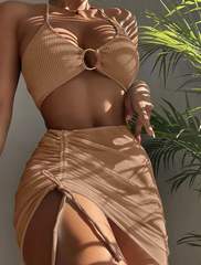 2022 New Cross-border European and American Style Spring and Summer New Women's Swimwear Body Shaping Solid Color Sexy Fashion Halter Three-piece Set 