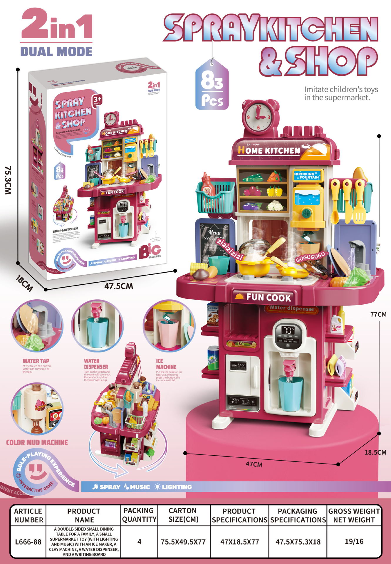 El Comercio exterior 77CM de doble cara de los niños de simulación de spray de cocina cajero de agua vajilla de cocina Play House supermercado Juguetes