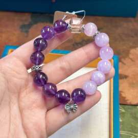 紫晶随形茶晶紫锂辉925银蝴蝶结单圈女生百搭叠戴设计手链手串