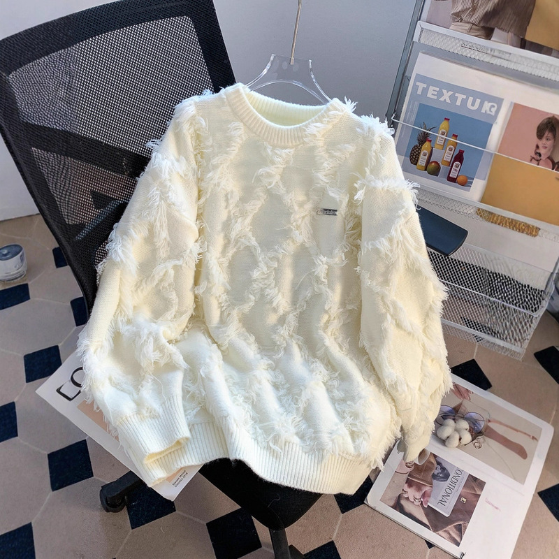 High-End and Super Nice Design Tassel White Loose Sweater Pullover for Men 2024 Winter New Style Lazy Style Thickeneded