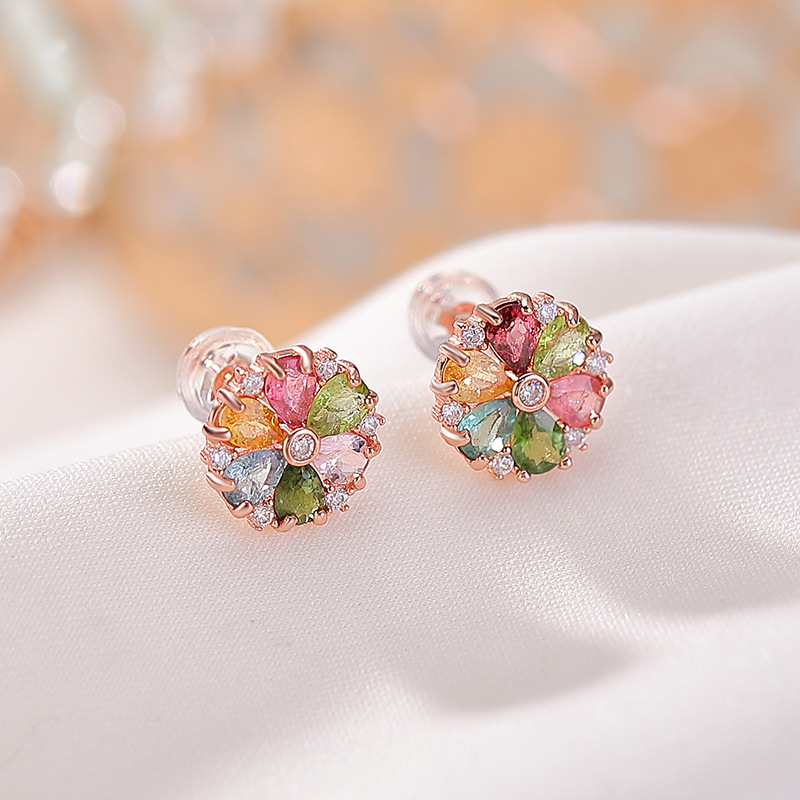Bông tai bạc S925 mạ vàng hồng đính tourmaline hình hoa cúc ánh sáng — một cặp