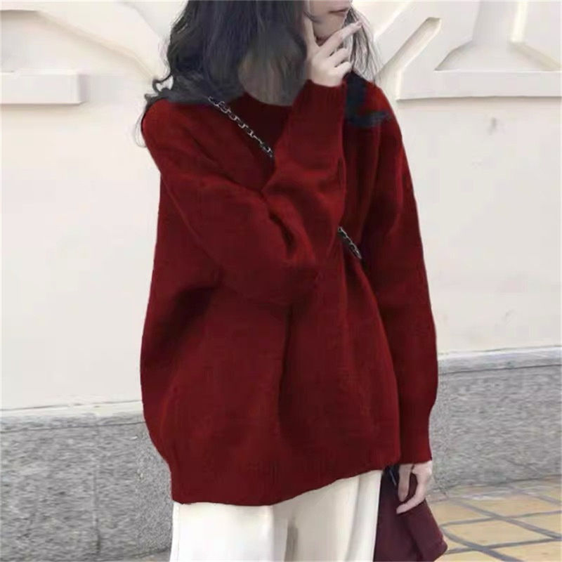 Coreano casual retro color sólido suéter de cuello redondo para mujeres otoño y invierno nuevo estilo de vestir suelta camisa de punto de estilo portugués