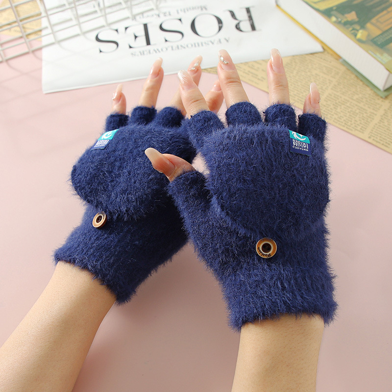 Otoño y invierno estudiantes niños escriben medio dedo flip flip caliente más veludo espeso dedos expuestos guantes de punto al aire libre