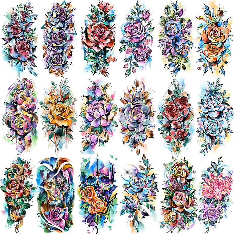 New Colorful Rose Flower Cross-Border Tattoo Stickers for Arms and Legs Temporary Tattoo Stickers Temu European and American Tattoo